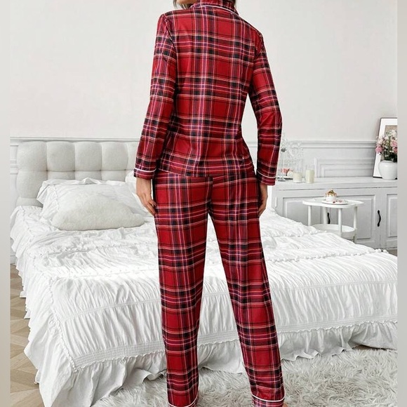 2 piece Set Women Cherry Red Plaid Lapel Long Sleeve Long Pant Pajama Set - Picture 3 of 5
